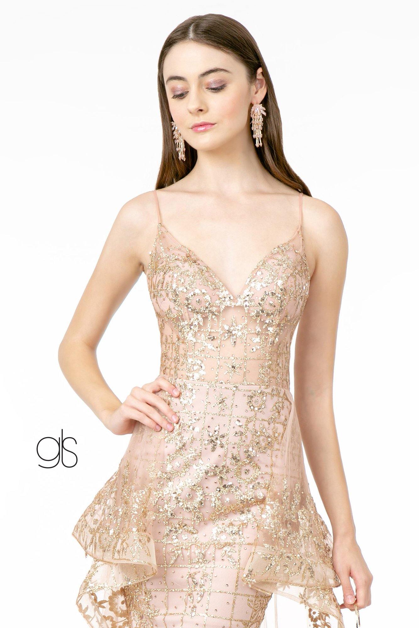 Sheer Bodice Glitter Mesh Mermaid Long Prom Dress - The Dress Outlet Elizabeth K