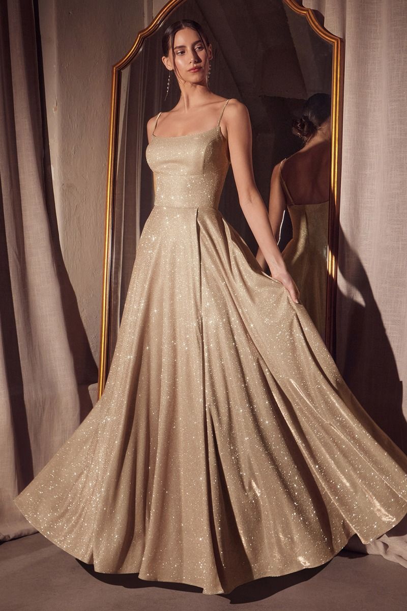 Prom Dresses Glitter Long Formal A Line Prom Gown Champagne Gold