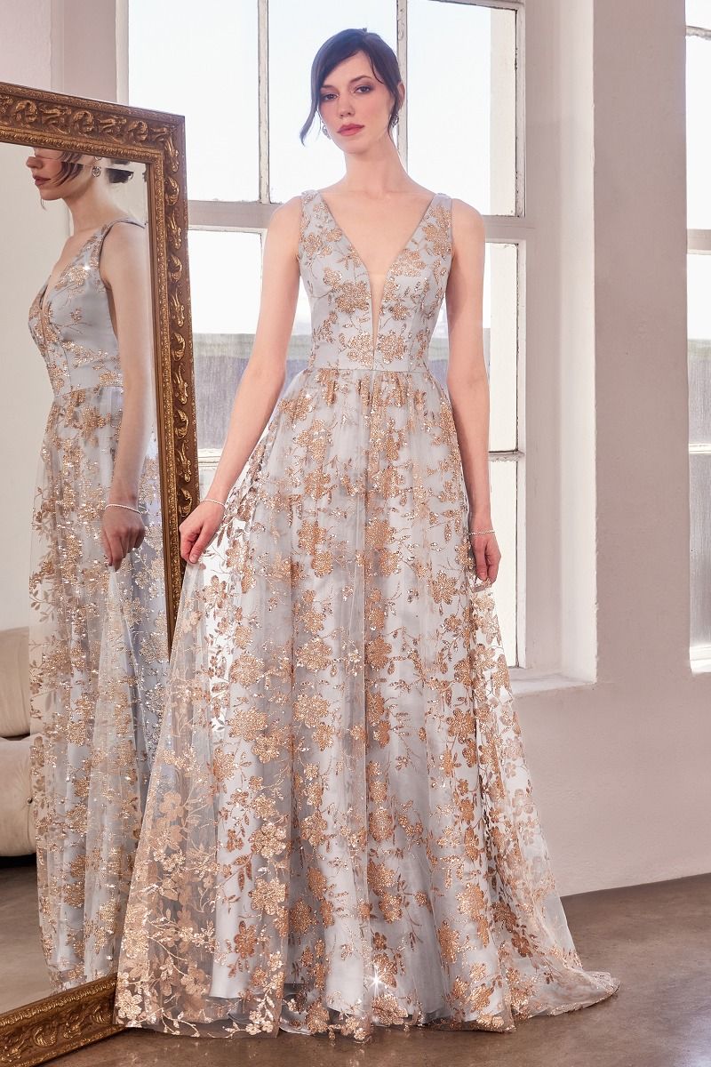 Prom Dresses A Line Long Formal Glitter Print Prom Gown Gold Mist