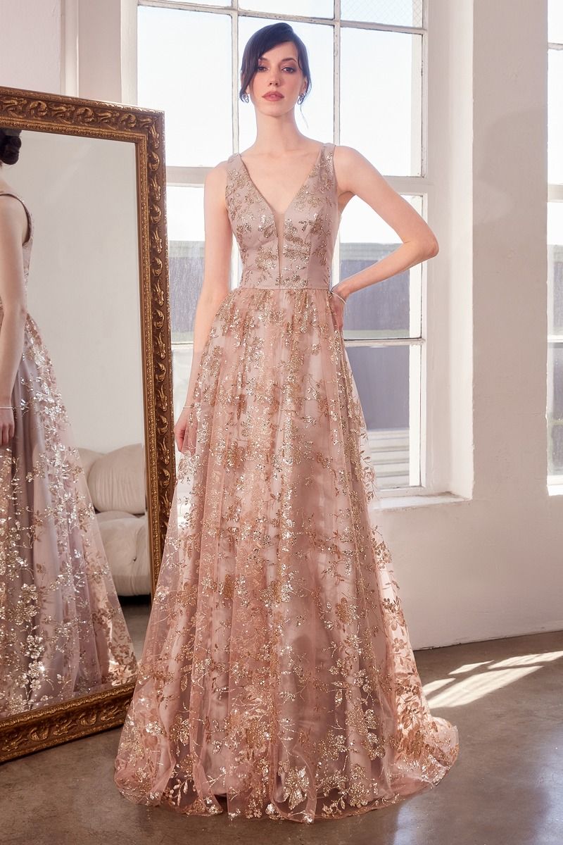 Prom Dresses A Line Long Formal Glitter Print Prom Gown Mocha Gold